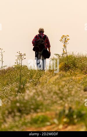 Ein älterer kaukasischer Mann mit Hut und Jeans geht langsam ins Licht. Er hat mehrere Rucksäcke und er geht durch einen bergauf Wanderweg A Stockfoto