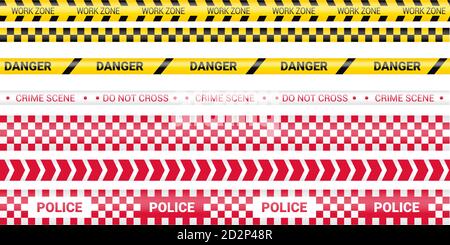 Polizeiband, Kriminalitätsgefährdungslinie. Vorsicht Polizeilinien isoliert. Warnung: Bänder sperren. Satz Warnbänder. Vektorgrafik auf weißem Hintergrund Stock Vektor