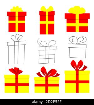 Cartoon illustrierte Geschenkbox Vektor-Symbol-Set. Kollektion für Geburtstag, Weihnachtsgeschenke. Flaches Design Feier Schild isoliert auf weiß. Stock Vektor