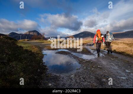 Senderistas realizando un Trekking, valle de Glen Coe, Geoparque Lochaber, Highlands, Escocia, Reino Unido Stockfoto