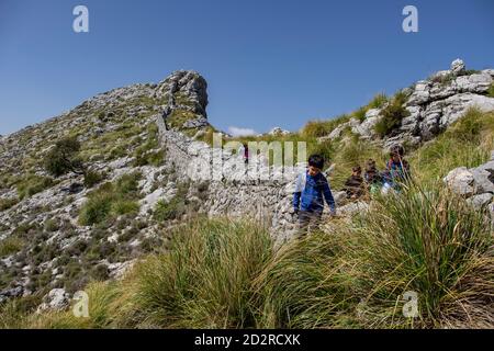 niños ascendiendo el Puig de Sa Font, 1071 m, Escorca, Paraje natural de la Serra de Tramuntana, Mallorca, balearen, Spanien Stockfoto