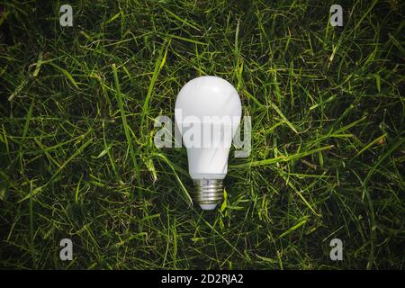Draufsicht der Lampe auf grünem Gras, Energieeffizienzkonzept Stockfoto