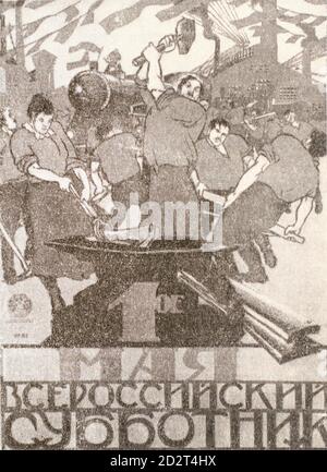 Sowjetisches Plakat - '1. Mai - Allrussischer Subbotnik'. Poster von 1920. Stockfoto