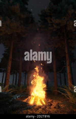 3d-Rendering von großen Lagerfeuer mit Funken im Wald Nachts Stockfoto