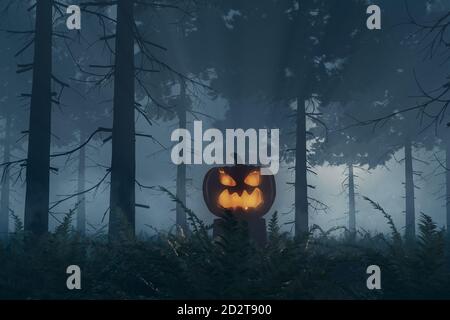 3d Rendering von glänzenden halloween Jack-o-Laterne Kürbis stehend auf einem Baumstamm im dunklen Wald Stockfoto