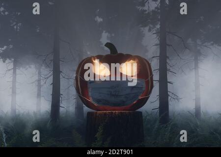 3d-Rendering von glänzenden halloween Jack-o-Laterne Kürbis mit einem bedeckt Gesichtsmaske bei Nebelwald Stockfoto