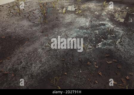 3d-Rendering von verschmutzter Asphaltfläche mit Pfützen und Blättern Stockfoto