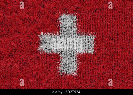 3d-Darstellung von gestrickter Schweizer Wollflagge in der Vorderansicht Stockfoto