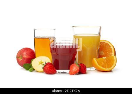 Frisch gepresste Säfte isoliert auf weißem Hintergrund Stockfoto