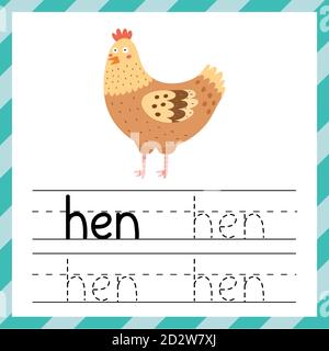 Arbeitsblatt zum Nachverfolgen von Wörtern - Hen. Lernmaterial für Kinder Stock Vektor