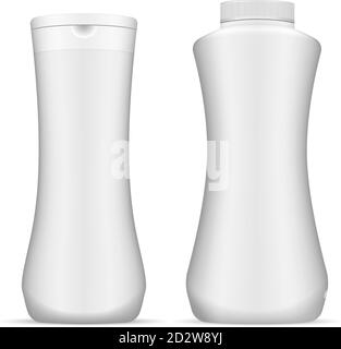 Saubere weiße Kosmetikflaschen Mockup Set. Realistische Behälter für Shampoo, Gel, Flüssigseife und andere kosmetische Produkte. 3d-Vektordarstellung. Stock Vektor