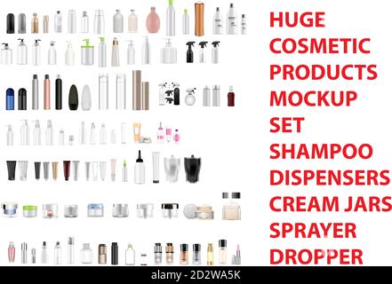 Riesige kosmetische Mockup-Set von verschiedenen Produkt-Behälter: Shampoo-Flaschen, Spray, Spender, Pumpe, Cremedosen, Röhrchen. Realistische 3d-Vektordarstellung Stock Vektor