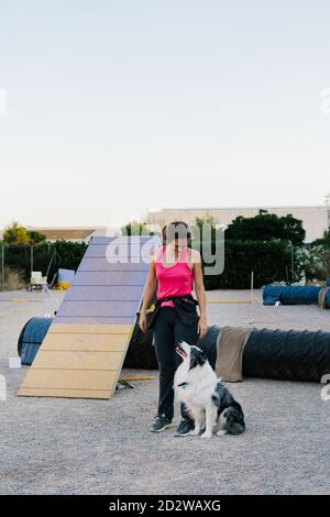 Volle Länge der weiblichen Besitzer und Border Collie Blick auf Einander während der Vorbereitung für das Training auf Hund Agility Ausrüstung Im Park Stockfoto