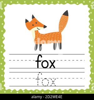 Verfolgung von Wörtern Flashcard - Fuchs. Phonetische Wörter auf Englisch. Handschriftverfahren Stock Vektor