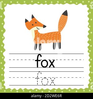 Verfolgung von Wörtern Flashcard - Fuchs. Phonetische Wörter auf Englisch. Handschriftverfahren Stock Vektor