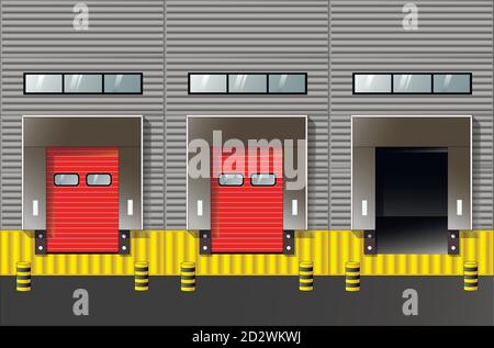 Großes Distributionslager mit Toren zum Verladen von Waren. Eine Tür ist offen. Stock Vektor