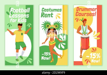 Brasilianische Karneval Flyer flache Vektor-Vorlagen Set. Fußball-Unterricht für Kinder druckbare Broschüre Design Layout. Kostüme mieten. Drummer-Kurse Stock Vektor