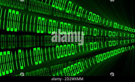 Hellgrüner abstrakter Binärcode auf schwarzem Hintergrund mit verschiedenen Schatteneffekte - 3D-Illustration Stockfoto