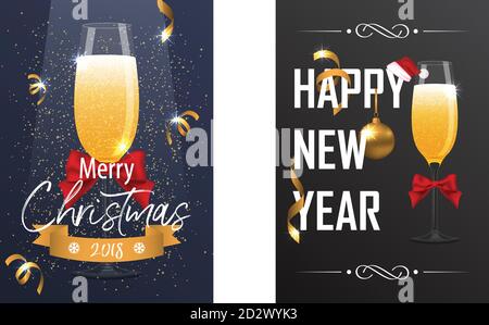 Weihnachts- und Neujahrsposter mit einem Glas Champagner. Stock Vektor