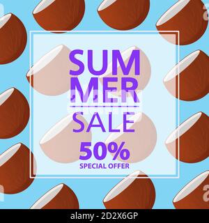 Sommer Sale Banner.bietet einen Rabatt von 50.Cocktail Coco tropischen Obst Muster. Stock Vektor