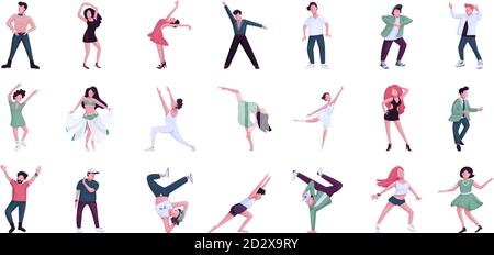 Menschen tanzen flache Farbe Vektor gesichtslose Zeichen gesetzt. Ballett, Hip Hop Tänzerinnen und Tänzer. Historische und zeitgenössische Tanzstile isoliert Stock Vektor