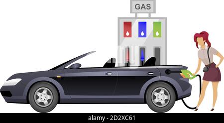 Frau tanken Auto flache Farbe Vektor gesichtslosen Charakter. Lächelnde Dame an Self-Service-Tankstelle isoliert Cartoon Illustration für Web-Grafik Stock Vektor