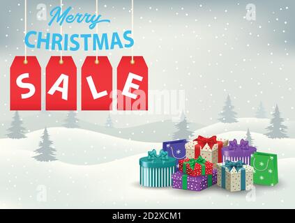 Ein Weihnachts-Verkaufsplakat mit bunten Geschenken auf einem Hintergrund Von s Stock Vektor
