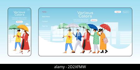 Verschiedene Farben Regenschirme Landing Page flache Farbe Vektor Vorlage. Mobiles Display. Menschen in Regenmäntel Homepage Layout. Regnerisches Wetter eine Seite Webseite Stock Vektor