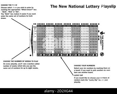 Schwarz-Weiß-Grafik des neuen National Lottery Playslip, zeigt (oben links) die Boxen entworfen, um Kunden zu wählen, welche der zukünftigen zwei wöchentlichen Ziehungen sie, die sie zu geben. Das Design des Slips ermöglicht bis zu 8 aufeinanderfolgende Ziehungen sowohl am Samstag als auch an der neuen Ziehung am Mittwoch, die am 5. Februar eingeführt werden soll, und 250 Millionen der neuen Slips wurden gedruckt, um einen reibungslosen Übergang zum neuen System zu gewährleisten. PA. Stockfoto
