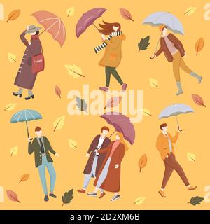 Menschen mit Regenschirmen flach Vektor nahtlose Muster. Orangefarbener Hintergrund. Saisonale Kleidung. Herbst Blätter Textur mit Cartoon-Farbe Symbole. Regnerisch und windig Stock Vektor