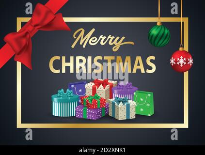 Dekoratives Poster Frohe Weihnachten. Die Inschrift in einer goldenen Fra Stock Vektor