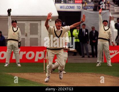 Der Australier Glenn McGrath feiert heute (Donnerstag), nachdem er den englischen Nick Knight lbw 12 in Headeingley gejubelt hat. Foto John Giles/PA. Siehe PA Story CRICKET Headingley. Stockfoto