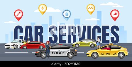 Car Services Wort Konzepte flache Farbe Vektor Banner. Typografie mit winzigen Zeichentrickfiguren. Verkehrsunfallversicherung. Polizist mit Patrouille Stock Vektor