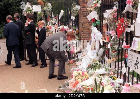 Prinz William legt Blumen, die von einem Wellwisher gegeben werden, in die Hundert Bündel, die bereits vor dem Kensington Palace - seiner Mutter Diana, der offiziellen Residenz der Prinzessin von Wales - in London heute Nachmittag gelegt wurden, als sein Vater, der Prinz von Wales und sein Bruder, Prinz Harry die Tore (links) verlassen. Die Familie war heute früh aus Balmoral in London angekommen, um sich auf das Begräbnis der Prinzessin morgen früh in Westminster Abbey vorzubereiten. POOLFOTO VON REBECCA NADEN/PA Stockfoto