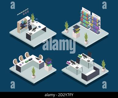 Moderne Buch Bibliothek isometrische Farbe Vektor Illustrationen Set. Buchhandlung ohne Personen. Leere Computerklasse der Universität, Büroausstattung. Öffentlich Stock Vektor