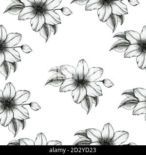Schöne schwarz und weiß floral nahtlose Muster, Hand gezeichnet vintage Blumen Dekoration, Tinte clematis Blumen Blumenstrauß nahtlose Hintergrund Stockfoto