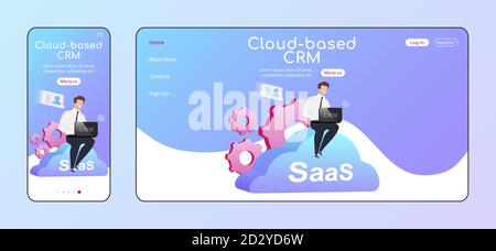 Cloud-basierte CRM adaptive Landing Page flache Farbe Vektor Vorlage. Geschäftsmann in Shirt und Krawatte mobile und PC Homepage Layout. SaaS eine Seite Stock Vektor
