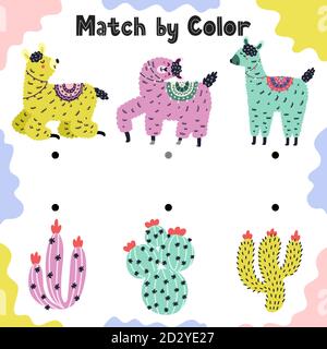 Kombinieren Sie Lamas mit Kakteen nach Farbe. Pädagogische Sortierung Aktivität Spiel für Kleinkinder Stock Vektor
