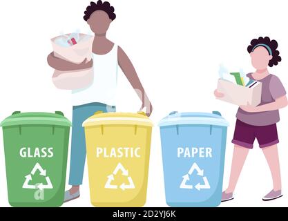 People sorting trash flat color vector faceless characters. Adult man and child throwing out rubbish into containers for separation isolated cartoon Stock Vektor