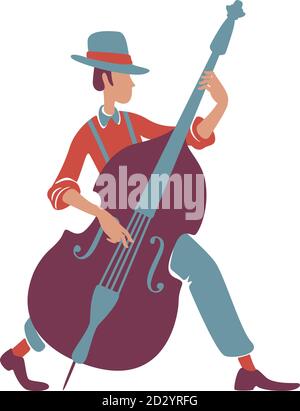 Jazz-Band-Musiker mit Kontrabass flache Farbe Vektor gesichtslosen Charakter. Altmodischer Mann im Hut, Orchestermitglied. Retro-Performer spielt Musical Stock Vektor