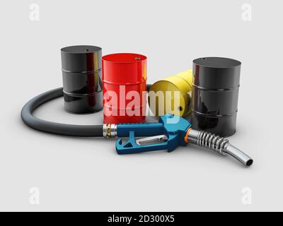 3d-Rendering von Pumpendüse und Ölfässern, Clipping-Pfad enthalten Stockfoto