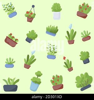 Blumen in Töpfen flach Vektor nahtlose Muster. Houseplants Hintergrund. Inländisches Grün, blühende Blumen Textur mit Cartoon-Farben-Icons. Blumentöpfe Stock Vektor
