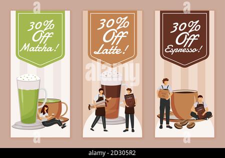 Rabatt für Kaffee Flyer flache Vektor-Vorlagen Set. Bedruckbare Broschüre Design Layout. Saisonale Kampagne. Sonderangebot für heiße Getränke Werbung Web Stock Vektor