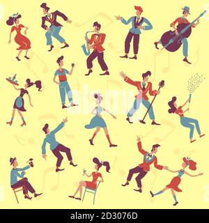 Retro-Stil Partei flach Vektor nahtlose Muster. Jazz-Musiker, Jive und Rock n Roll Tänzer Hintergrund. Altmodische 1940er-Textur mit Cartoon Stock Vektor