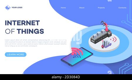 Mechanische Roboterarm Fernbedienung Landing Page Vektor-Vorlage mit isometrischer Abbildung. Förderlinie, Fertigungsprozess. Fabriktechnik Stock Vektor