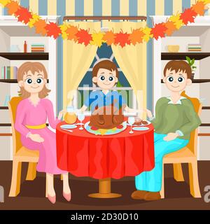 Thanksgiving Family Gala Dinner, bunte Cartoon Handzeichnung. Mama, Papa und Sohn sitzen hinter einem Tisch mit festlichen Leckereien und truthahn bedeckt Stock Vektor