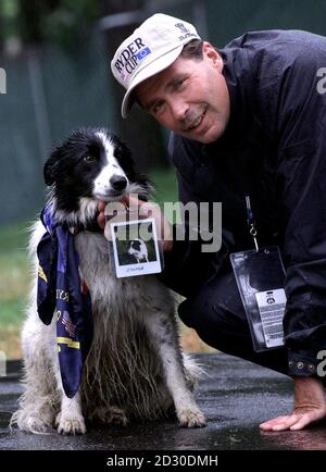 Der Ryder Cup Course, Brooklines Ground Superintendent Bill Spence, mit Kurshund Emma. Emma, eine sechsjährige englische Border Collie, hat ihre eigenen Ryder Cup-Referenzen und wird verwendet, um kanadische Gänse fernzuhalten. * 1995 standen 90 Kanadische Gänse auf dem Platz, es gibt jetzt keine mehr. Der Hubschrauber wird verwendet, um stehendes Wasser auf dem Kurs zu entfernen. Der 33. Ryder Cup findet vom 24. Bis 26. September 1999 im Country Club, Brookline, Massachusetts, statt. Stockfoto