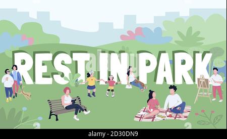 Rest in Park Wort Konzepte flache Farbe Vektor Banner. Typografie mit winzigen Zeichentrickfiguren. Familienpicknick, Entspannung am Wochenende in der Natur Stock Vektor