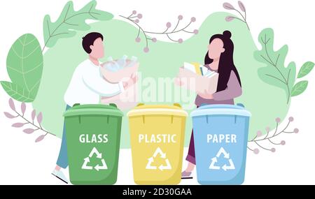 Waste management, eco friendly living 2D vector web banner, poster. Garbage separation. Man and woman sorting trash flat characters on cartoon Stock Vektor