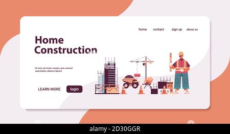 Ingenieur in einheitlichen Halteebene Bau von Gebäuden Konzept-Builder In Helm und Weste arbeiten auf Baustelle Porträt Kopie Horizontale Vektordarstellung des Raums Stock Vektor